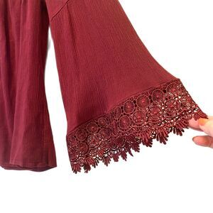 Boho Peasant Blouse M Sculptured Lace Bell Sleeves Burgundy Elastic Neckline